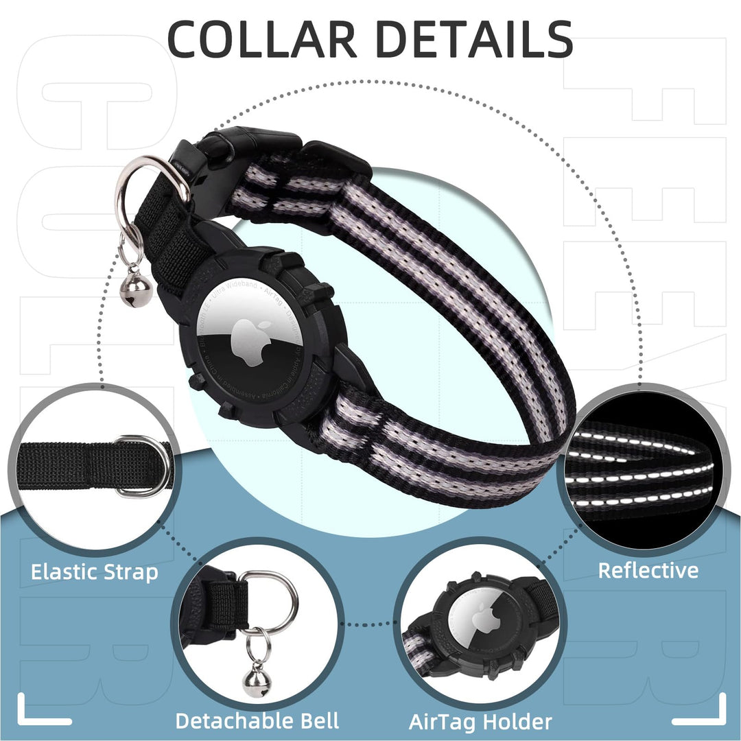 Airtag Cat Collar, Reflective Airtag Cat Collar with Bell and Silicone Waterproof Airtag Holder Case Compatible with Apple Airtag (7-9 Inch, Black)