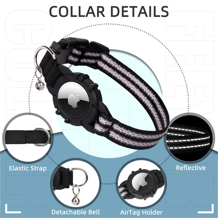 Airtag Cat Collar, Reflective Airtag Cat Collar with Bell and Silicone Waterproof Airtag Holder Case Compatible with Apple Airtag (7-9 Inch, Black)