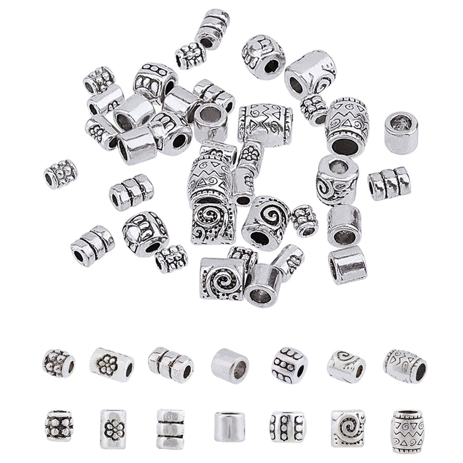 260pcs 7 Style Tibetan Spacer Beads Antique Silver Column Alloy Tube Metal Spacers European Large Hole Loose Beads Spacers for Bracelet Necklace Jewelry Supplies, Hole: 1.5~3.5mm
