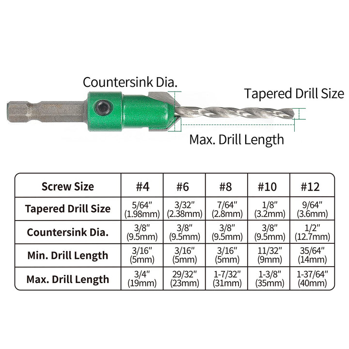 Pro Countersink Drill Bit Set #4, 6, 8, 10, 12, 5-Piece for Wood,High Speed Steel Woodworking Carpentry Reamer with 1 Free Hex Key Wrench
