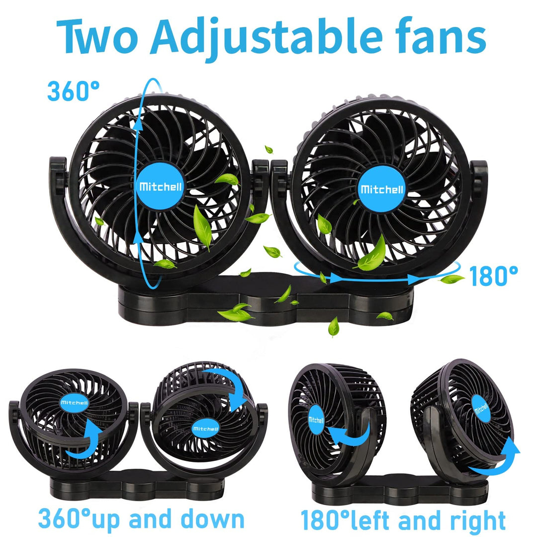 Dual Head 4 Inches Car Fan, 12v Adjustable Clip Fan with Stepless Speed Regulation, 360° Rotatable, Portable Car Cooler for Front/Rear Seat Passenger, SUV, RV