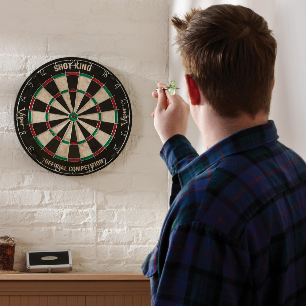 by GLD Products Shot King Regulation Bristle Steel Tip Dartboard Set with Bullseye Metal Radial Spider Wire Compressed Sisal Board with Rotating Number Ring Includes 6 Darts Black