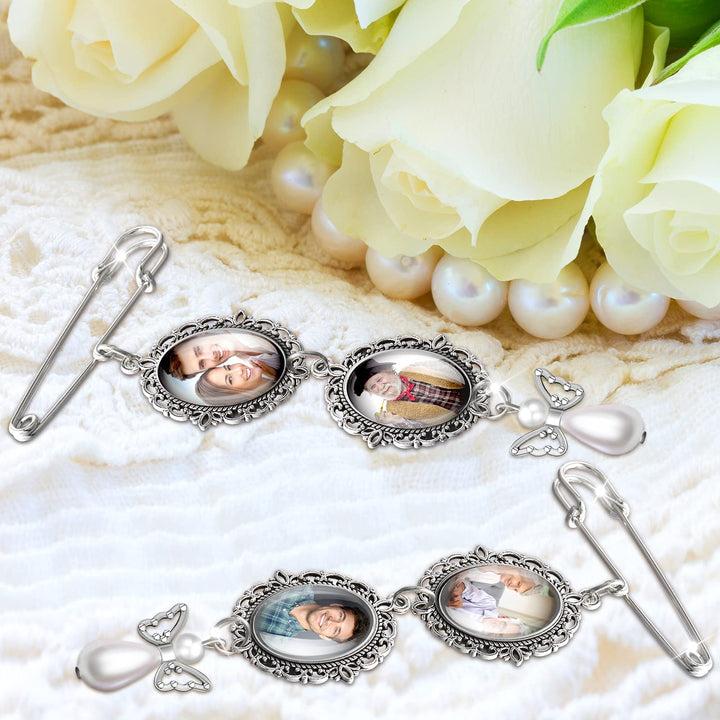 2 Pcs Bouquet Charms for Wedding Memory, Wedding Bouquet Photo Charms with 4 Pcs Oval Glass Cabochons for Bridal Shower, You Are Always in My Heart in Memory of Parents Grandparents (Angel)