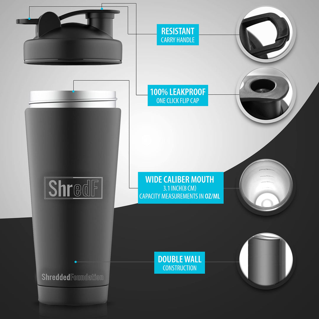 Premium Stainless Steel Shaker,Double Wall Vacuum Insulated Protein Shaker Bottle with Mixer Ball for Gym,Leakproof One-Click Lid,BPA-Free Metal Smoothie Cup for Hot & Cold Drinks,25oz (Matte Black)