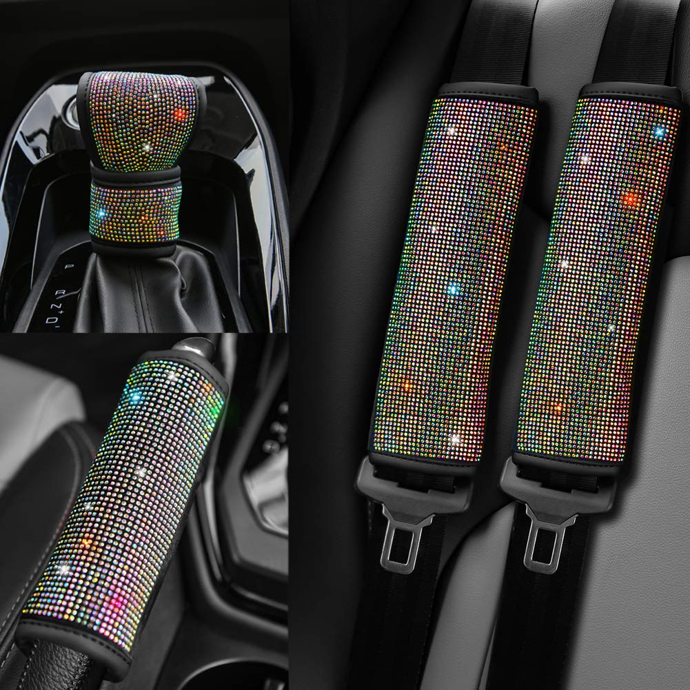 Universal Velvet Seat Belt Shoulder Pads with Bling Rhinestones Car Seat Belt Cover,Crystal Handbrake Cover, Bling Ring Set 4 Pack Set