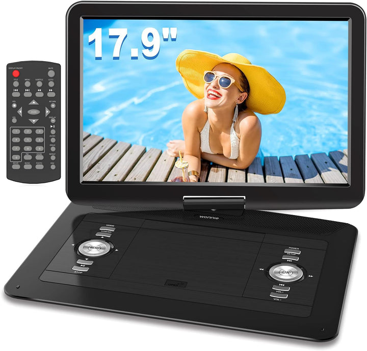 17.9 Portable DVD/CD Player with 15.4 Large Swivel HD Screen, 6 Hours 5000mAH Rechargeable Battery, Support USB/SD Card/Sync TV, Regions F r e e, Car Charger, Remote Control for Kids, Blue