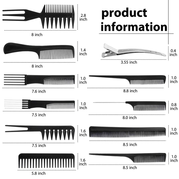 Barber Hair Styling Comb Set with Duck Bill Clips, 10 Pieces Each, Salon Anti-static Stylists Comb Clip Set for Women Men (Black)