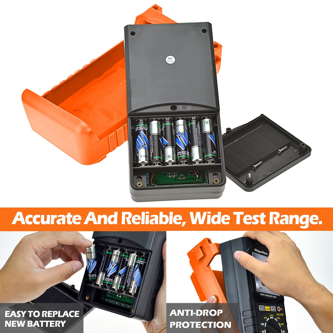 Megohmmeter 200 Gig Ohm Digital Insulation Resistance Tester 500V/1kV/2.5kV/5kV Auto Range Voltage,Resistance Tester with 1999 Count LCD Display, Data Hold, Back-Light-RQ-6688B(Orange)