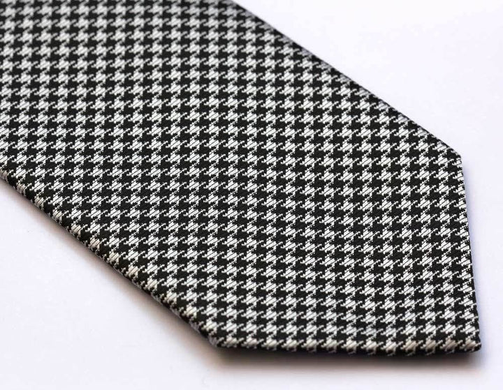 Handmade, Executive Wardrobe Accessory, Black and White (Tuxedo Color) Houndstooth 3.4 Silk Jacquard Woven Men's Necktie Tie