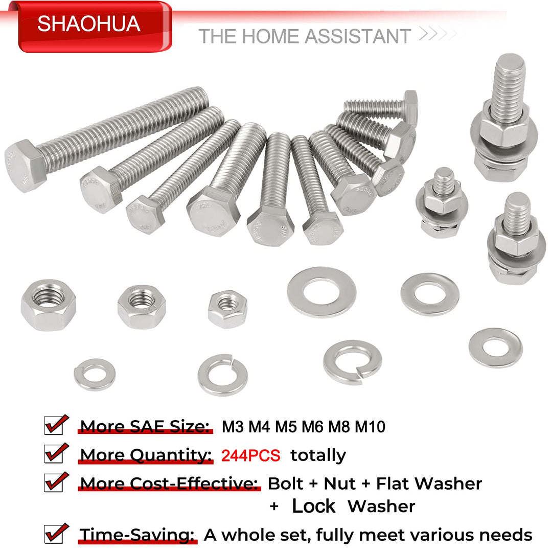 244PCS M3 M4 M5 M6 M8 M10 Nuts and Bolts Kit, Stainless Steel Flat Hex Head Screws Bolts Nuts, Lock and Flat Gasket Washers Assortment Kit, Metric Bolt Assortment