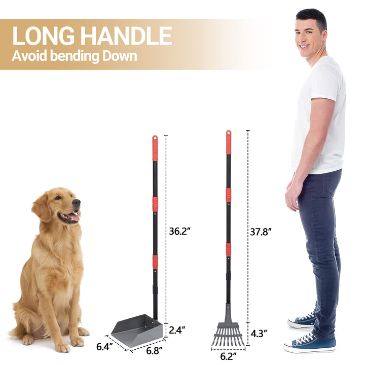 Dog Pooper Scooper, Dog Poop Tray and Rake Set, Pet Waste Removal Scoop with Long Adjustable Sectional Stainless Handles, 2 Pieces