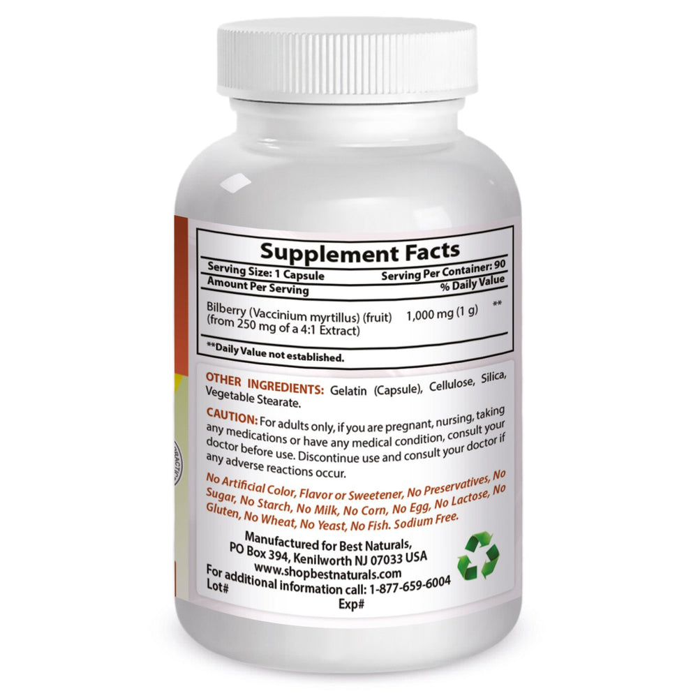 Bilberry Extract 1000mg Capsule (Non-GMO) Supports Healthy Vision, 90 Count