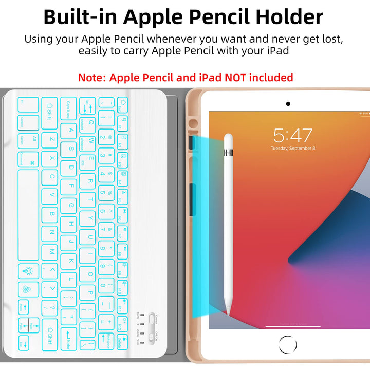 Backlit Keyboard Case for iPad 10.2 9th 8th 7th Generation - Wireless Detachable Keyboard Thin Slim Smart Folio Stand Tablet Cover Case for iPad 10.2 Inch/iPad Air 10.5(3rd Gen)/iPad Pro 10.5, Pink