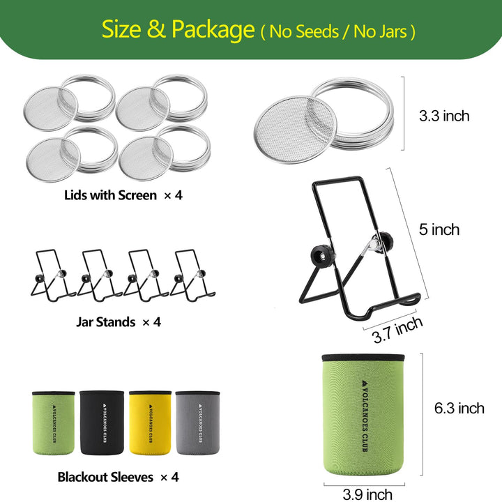 Sprouting Lids Growing Kit - 316 Stainless Steel Sprouting Lids for 86mm Wide Mouth Mason Jar with Stands & Blackout Sleeves - Organic Sprouts, Broccoli, Alfalfa Sprout Kit (Set of 4)