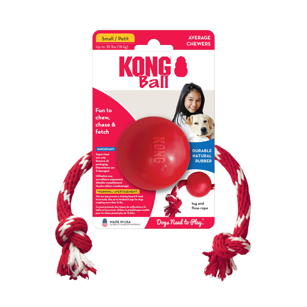 Ball with Rope - Durable Fetch Toy with Rope for Easy Throwing - For Tug, Playtime & More - Natural Rubber - Red - For Small Dogs
