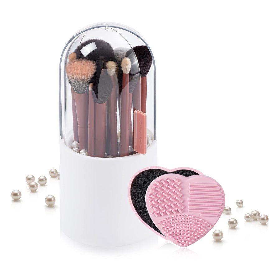 Makeup Brush Holder with Clear Lid and Brush Cleaser Sponge,Dust Proof Cosmetic Brushes Storage Display Water Proof for Vanity,Dresser Countertop