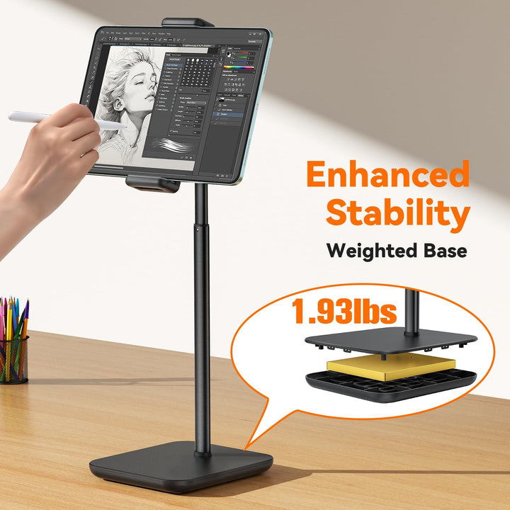 Adjustable iPad Stand with 21 Height Extension, 360° Swivel Tablet Holder for Desk, Surface Pro Stand, Portable Monitor Stand Compatibility with 4.7-15.6 Tablets and Smartphones, Display - Black