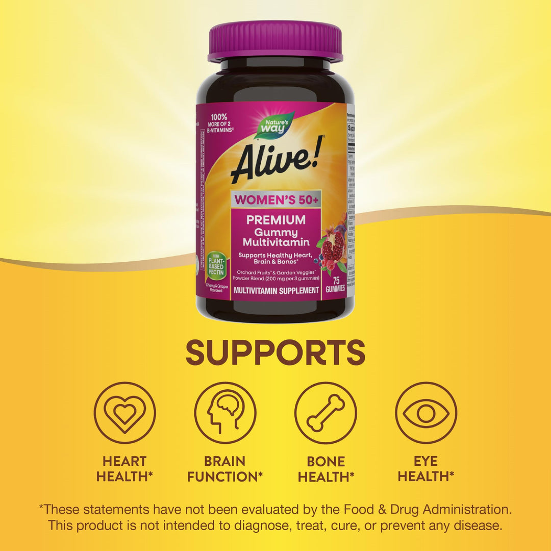 Nature’s Way Alive! Women’s 50+ Premium Gummy Multivitamin, Supports Healthy Heart, Brain & Bones*, B-Vitamins, Gluten-Free, Vegetarian, Grape and Cherry Flavored, 75 Gummies (Packaging May Vary)