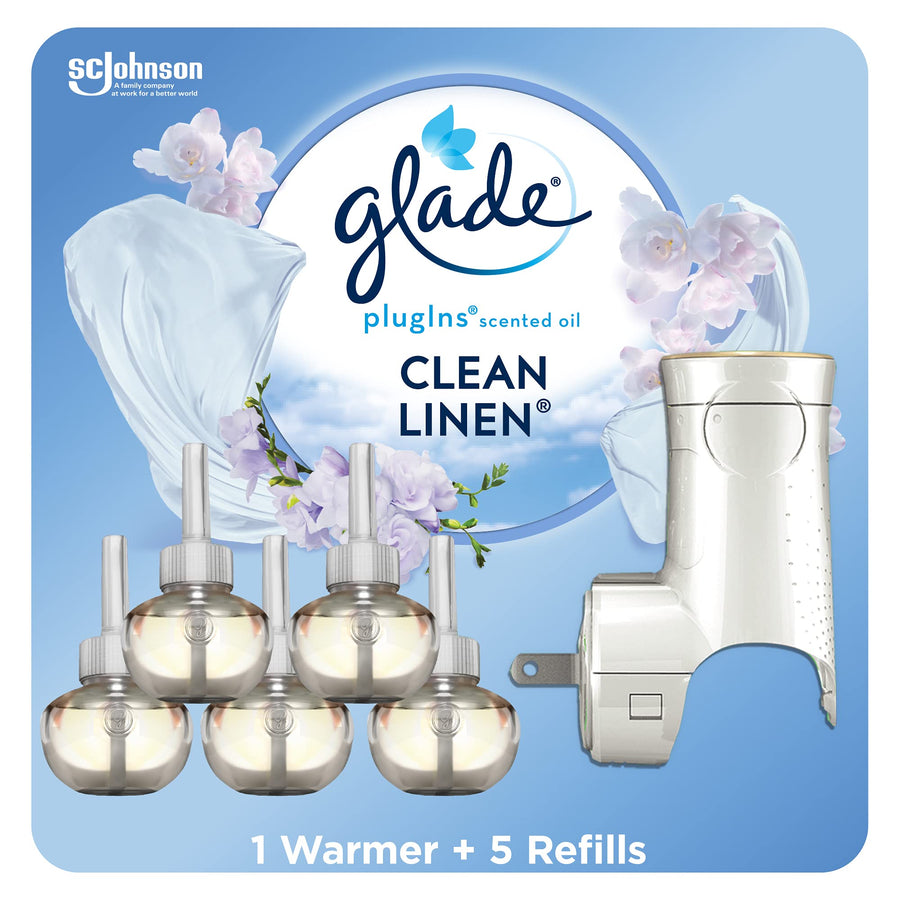 PlugIns Refills Air Freshener Starter Kit, Scented and Essential Oils for Home and Bathroom, Clean Linen, 3.35 Fl Oz, 1 Warmer + 5 Refills
