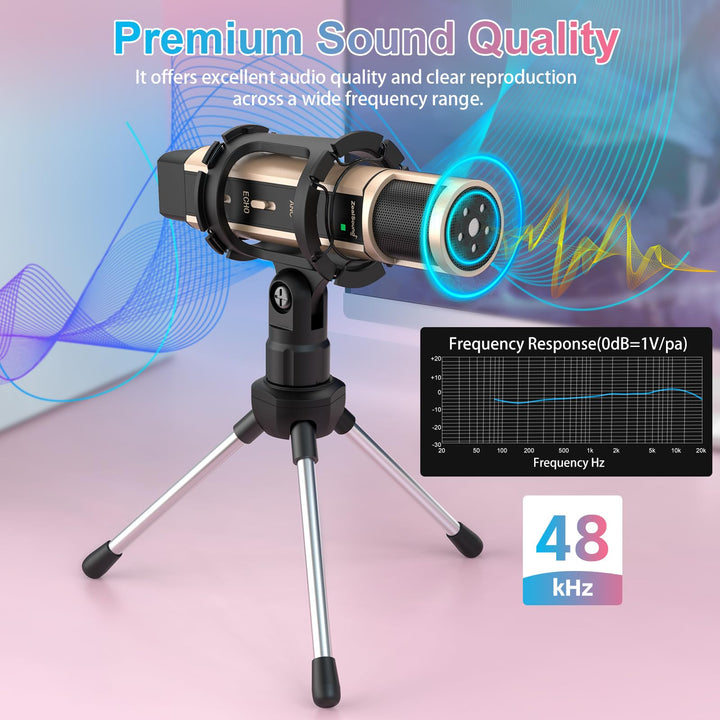 Studio Microphone, Condenser Recording & Broadcasting Microphone With Stand Built-in Sound Card Echo Recording Karaoke Singing for Phone PC Garageband Smule Live Stream & YouTube (Rose Gold)
