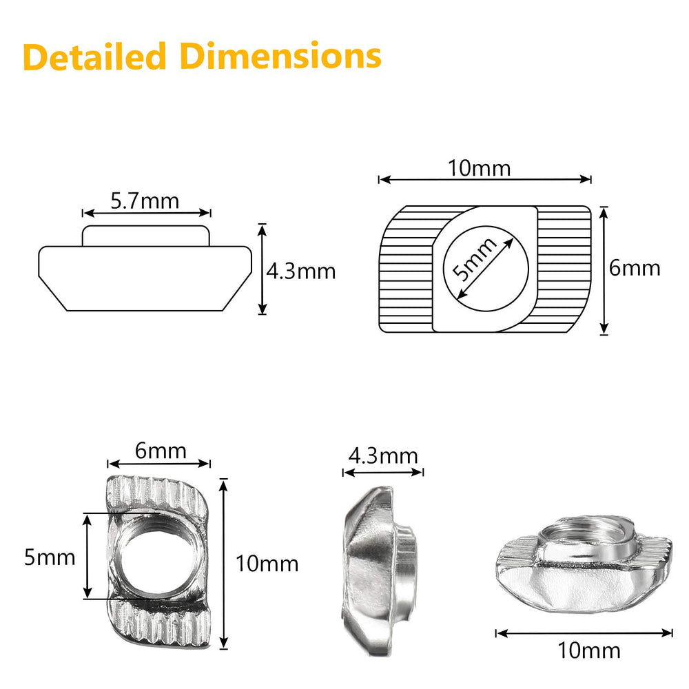 150 Pieces 2020 Series T Nuts T-Slot Nut Hammer Head Fastener -Plated Carbon Steel Sliding T Nuts for Aluminum Profile (M5)