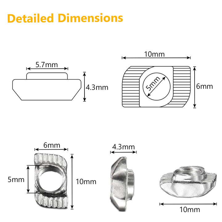 150 Pieces 2020 Series T Nuts T-Slot Nut Hammer Head Fastener -Plated Carbon Steel Sliding T Nuts for Aluminum Profile (M5)