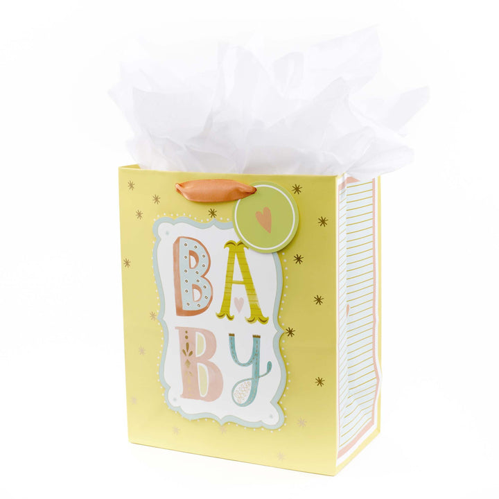 13 Large Gift Bag with Tissue Paper (B-A-B-Y, Yellow) for Baby Showers, New Parents and More