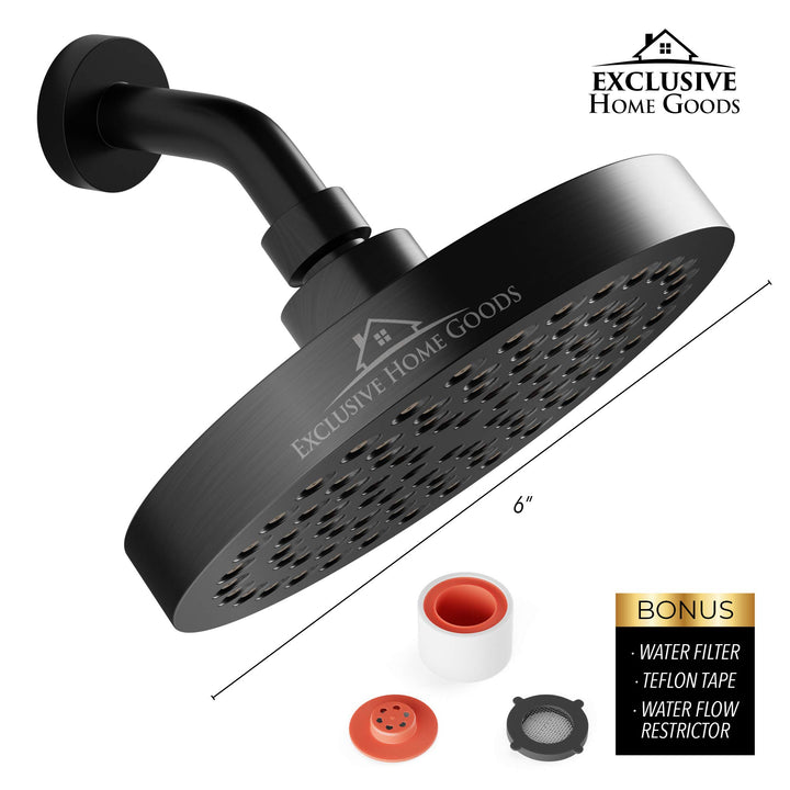Rainfall Shower Head - 6 High Pressure Shower Heads 2.5 GPM Matte Black Shower Head with Anti-Clog 90 Rubber Jets - 360° Rotation Adjustable Shower Head - Rustproof Bathroom Shower Head