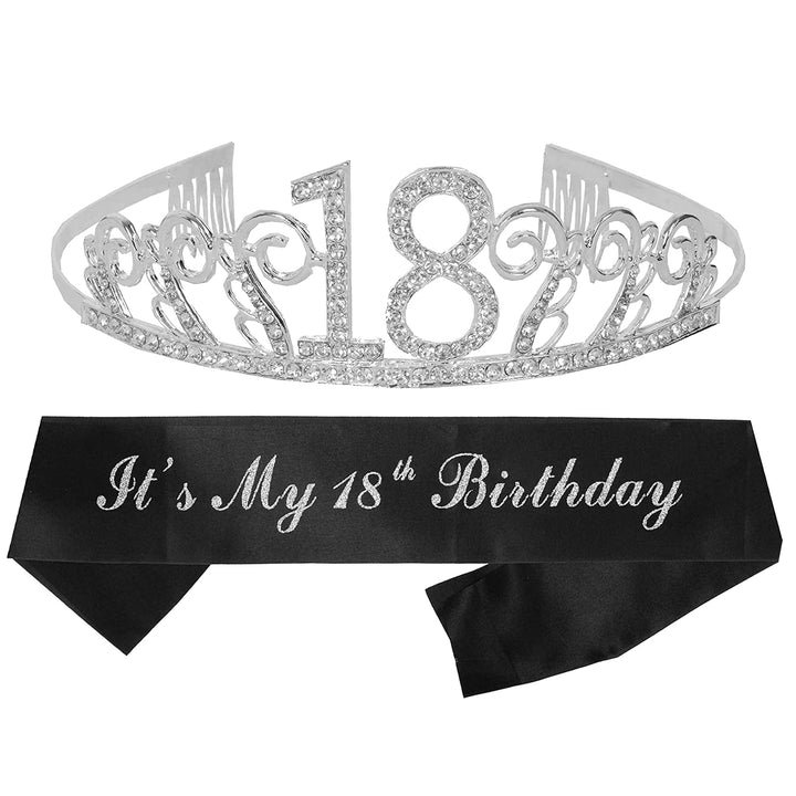18th Birthday Gifts for Girl, 18th Birthday Tiara and Sash Silver, Happy 18th Birthday Party Supplies, 18 & Fabulous Glitter Satin Sash and Tiara Birthday Crown for 18th Birthday Party Supply