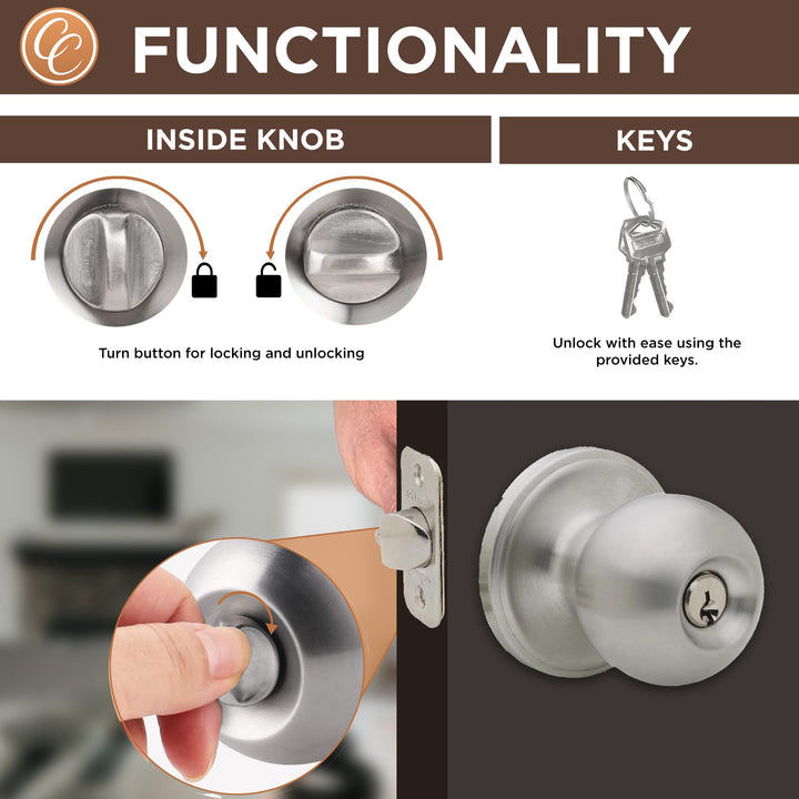 BK2040SS Ball Door Knob, Keyed Entry Function, 1 Pack, in Satin Stainless