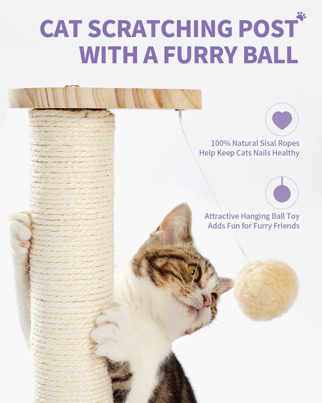 Made4Pets Cat Scratching Post Cat Scratcher Kitten Toys for Indoor Cats Wooden Ball Track Two-Layer Modern Sisal 17.7 Tall Scratch Post Interactive Toy with Dangling Ball