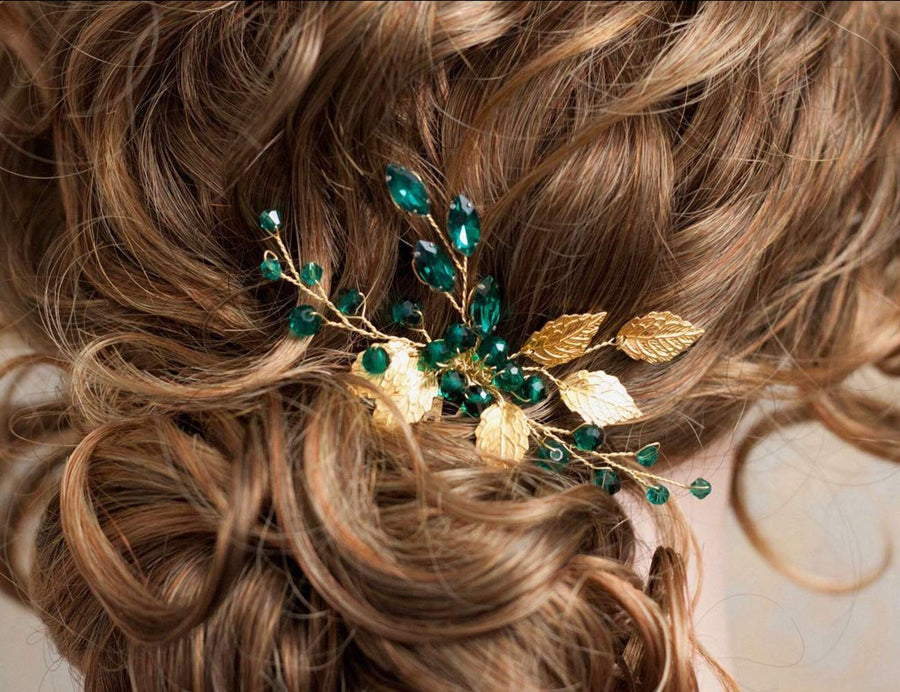 Bridal Leaf Hair Comb Green Crystal Headpiece Vintage Emerald Wedding Bridesmaid Hair Accessories for Women and Girls