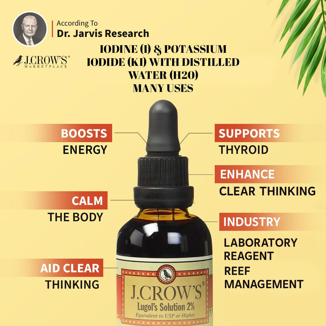 J.CROW'S® Lugol's Solution of Iodine 2% 2 oz (3 Bottles) – Premium Potassium Iodide Liquid, Supports Thyroid & Energy, Gluten &, Alcohol-Free Natural Brine Extract, No Expiration