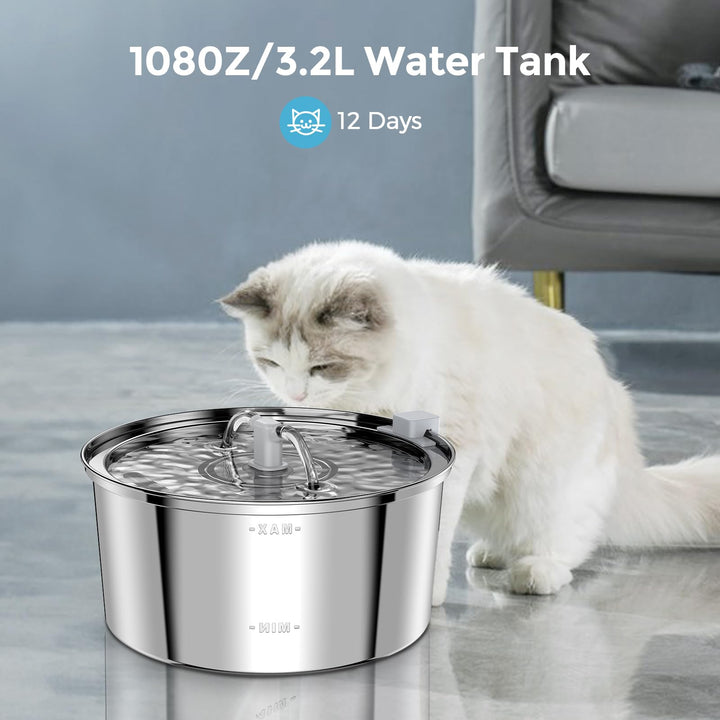 Cat Water Fountain Stainless Steel with Filter, 3.2L/108Oz Large Capacity Automatic Pet Water Fountain, Cat Dog Water Dispenser with Ultra-Quiet Pump for Multiple Pets, Dishwasher Safe