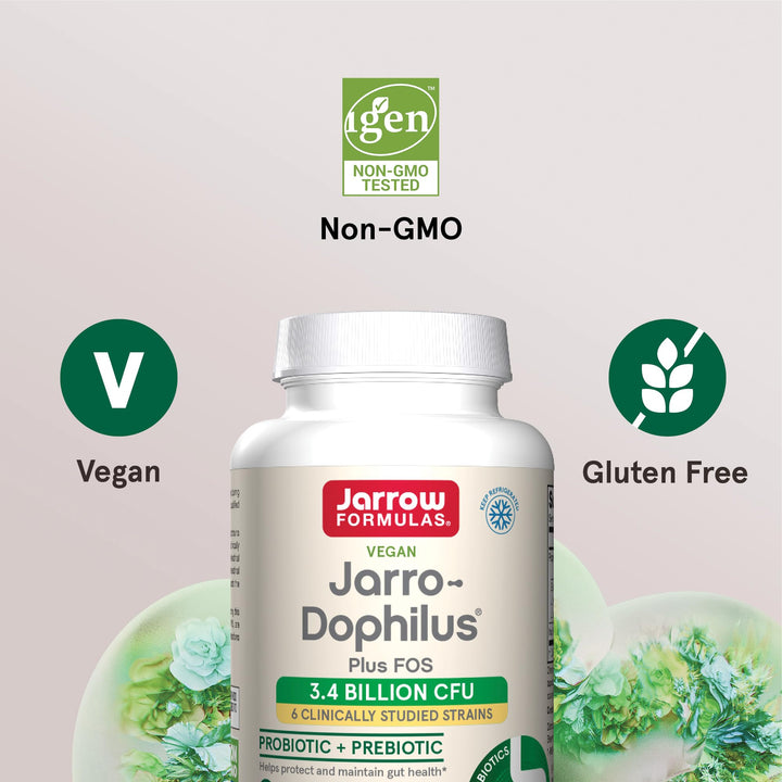 Jarro-Dophilus + FOS - 3.4 Billion CFU Per Serving - Prebiotic & Probiotics Supplement for Immune & Intestine Support - Up to 200 Servings (Veggie Capsules)
