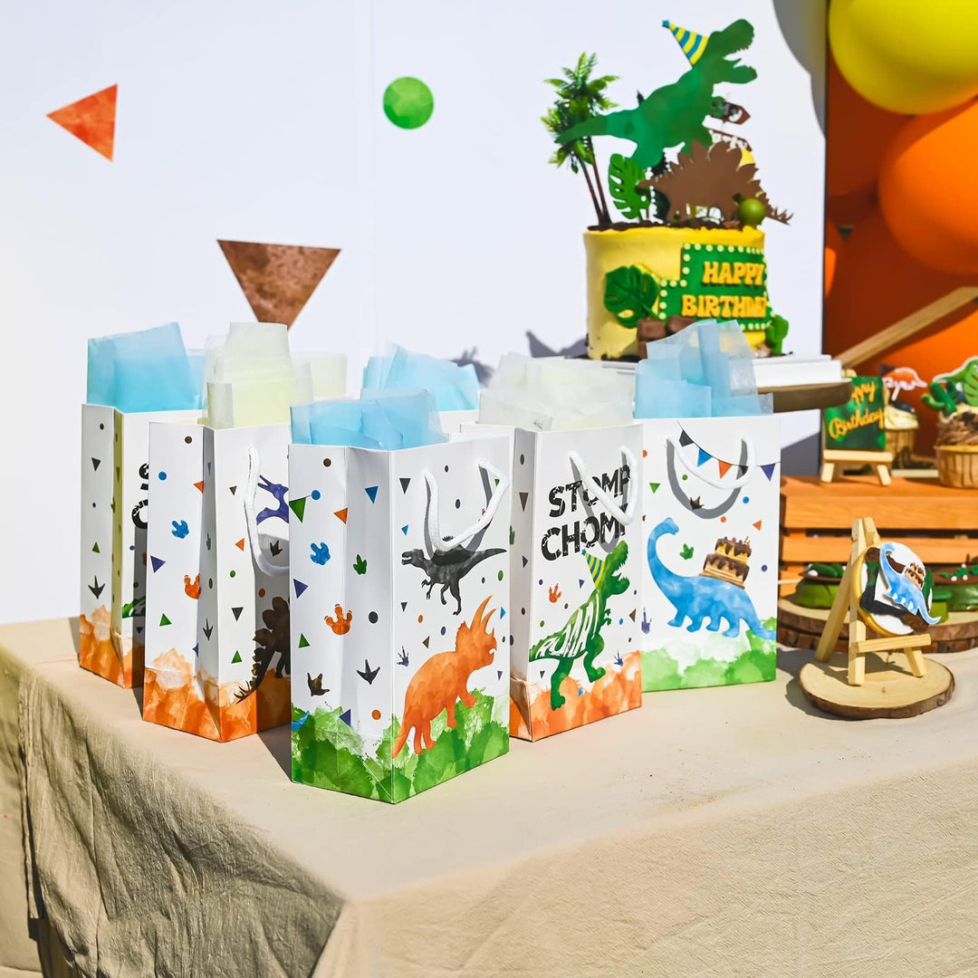 Watercolor Dinosaur Party Bags - 16 Pack Dinosaur Party Favor Bags for Boys Kids Dino Theme Party Supplies Candy Treat Goodies Gift Bags with Handle