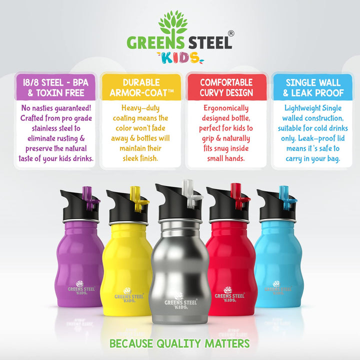 Kids Water Bottle with Straw & Handle, 12 oz Red - Eco Friendly Toddler Cups with Straws - Easy Sip Metal Water Bottle for Kids - Cute Stainless Steel Water Bottles for Children - Leak Proof Lid