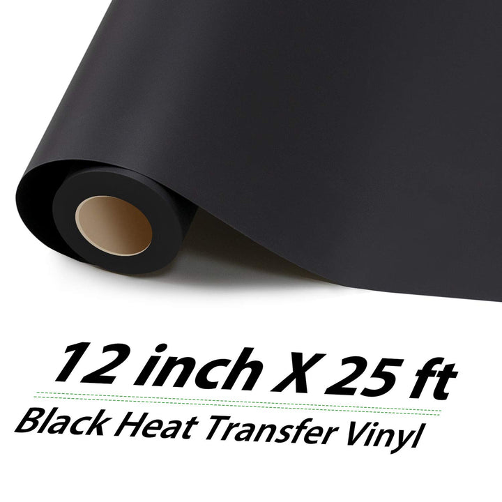 Black Heat Transfer Vinyl Roll - 12 x 25ft Black Iron on Vinyl, Clothing Heavy Duty Black HTV Vinyl, Easy to Cut & Weed