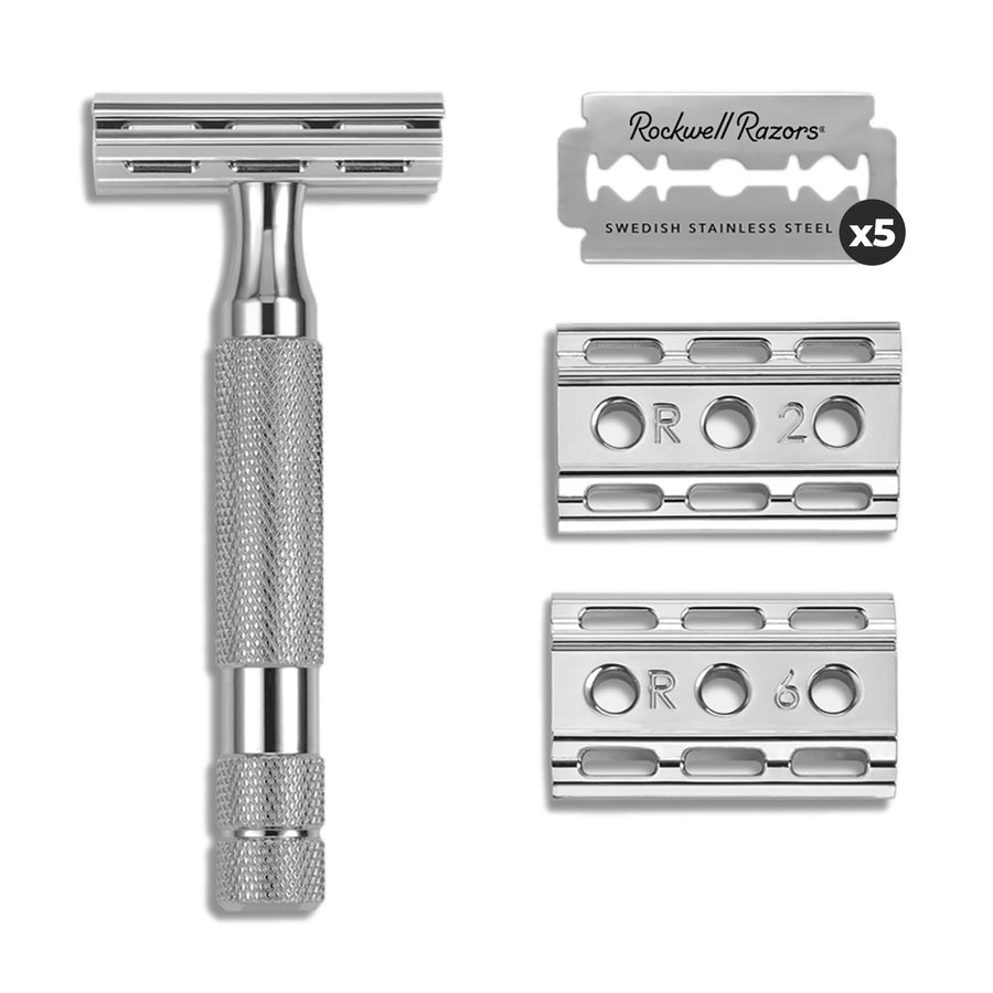 Rockwell Razors 6C White Chrome Double-Edge Safety Razor for Men and Women with 6 Adjustable Shave Settings and 5 Fully Recyclable Eco Razor Blades