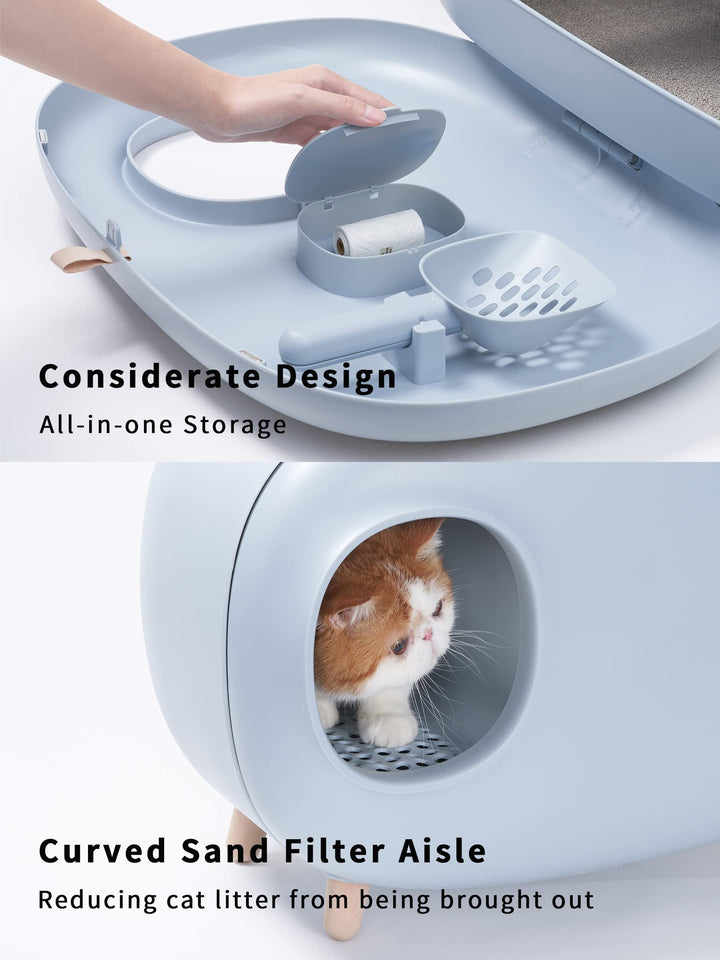 Cat Litter Box with Lid, Scoop (with Litter Mat), Enclosed Design, Large Prevent Sand Leakage and Isolate Odors, Easy to Clean, - Gray Blue