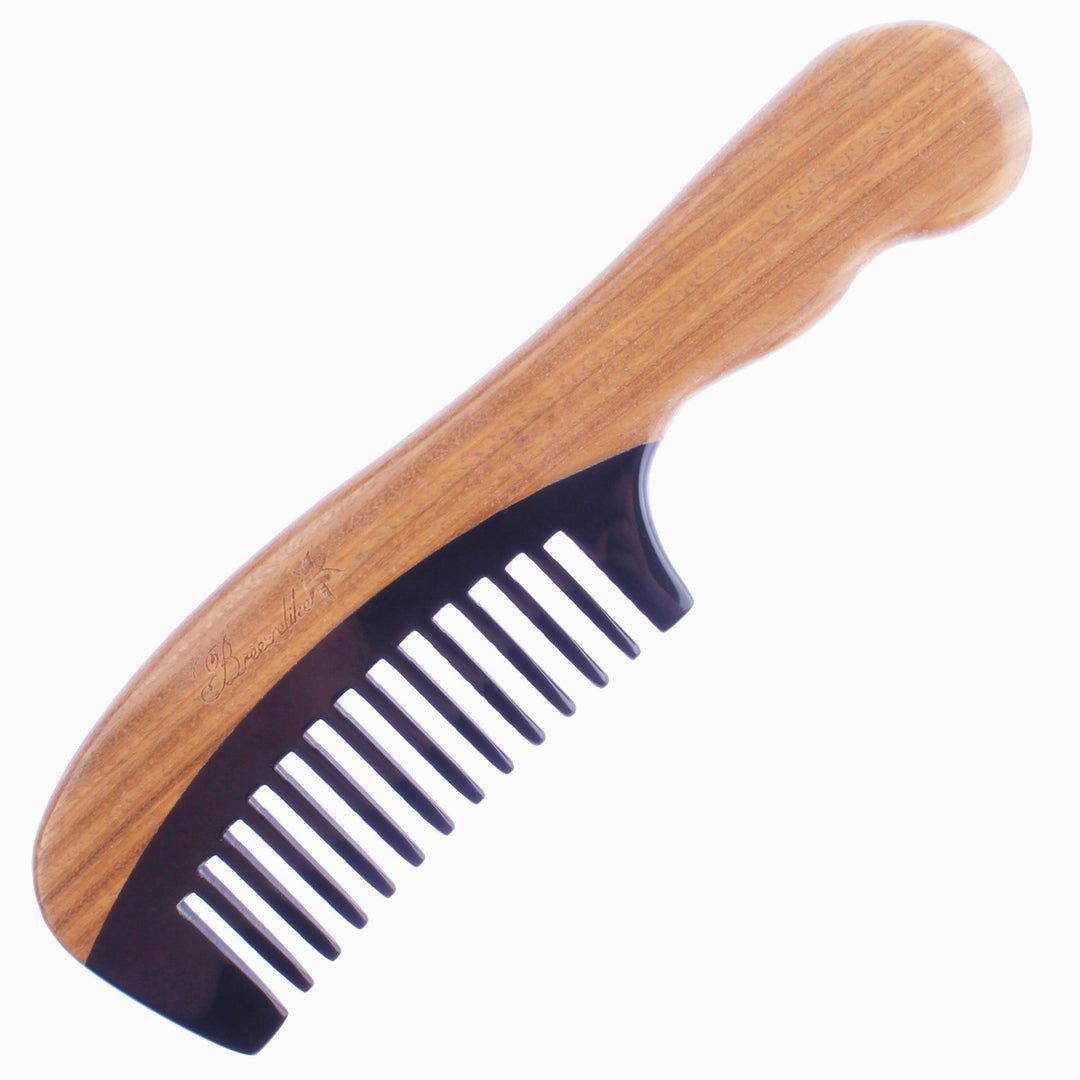 Sandalwood Hair Comb - Wavy Handle Wide Tooth Comb for Women - No Static Wooden Black Buffalo Horn Comb for Detangling