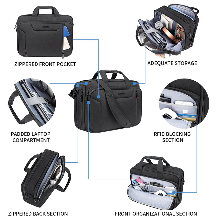 Stylish Laptop Bag Briefcase, 17.3 Inch Laptop Case Expandable Messenger Bag for Men Water Repellent, RFID Blocking Office Carrying Shoulder Bag for Work Business Travel-Black