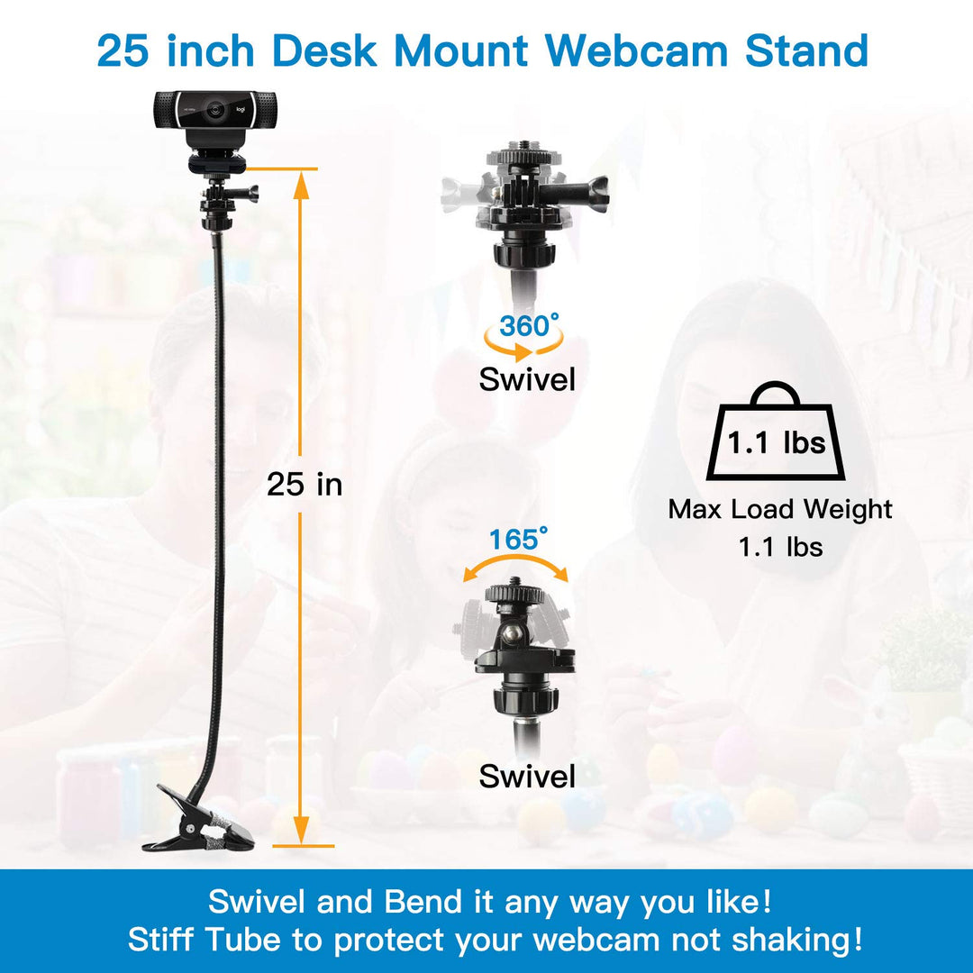 25 Inch Webcam Stand, Flexible Desk Mount Clamp Gooseneck Stand for Logitech Webcam C960 C930e C930 C920 C920S C922x C922 Brio 4K C925e C615 and Other Devices with 1/4 Thread-PIWS01