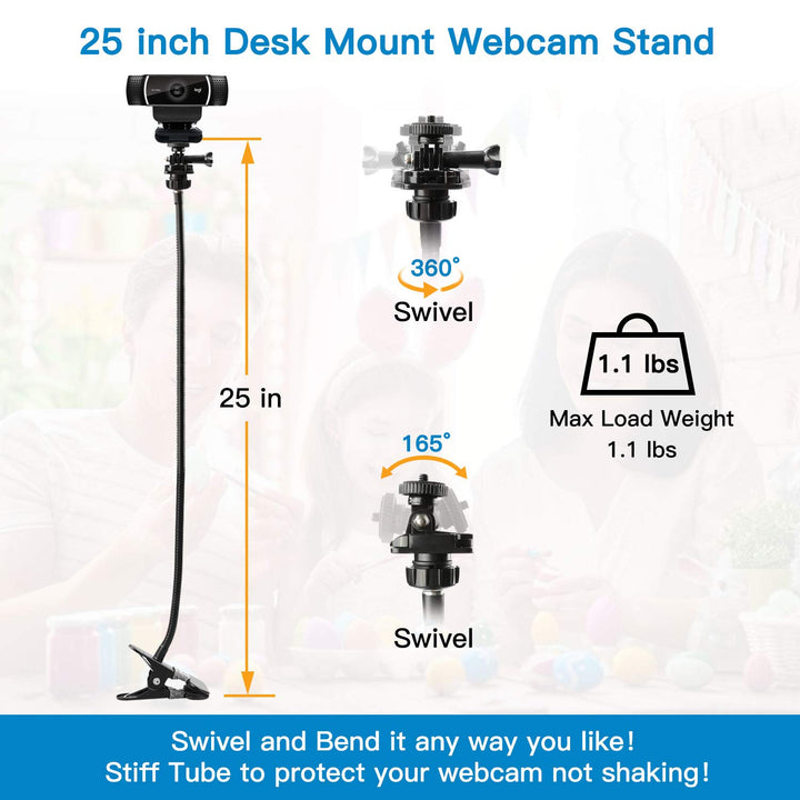 25 Inch Webcam Stand, Flexible Desk Mount Clamp Gooseneck Stand for Logitech Webcam C960 C930e C930 C920 C920S C922x C922 Brio 4K C925e C615 and Other Devices with 1/4 Thread-PIWS01