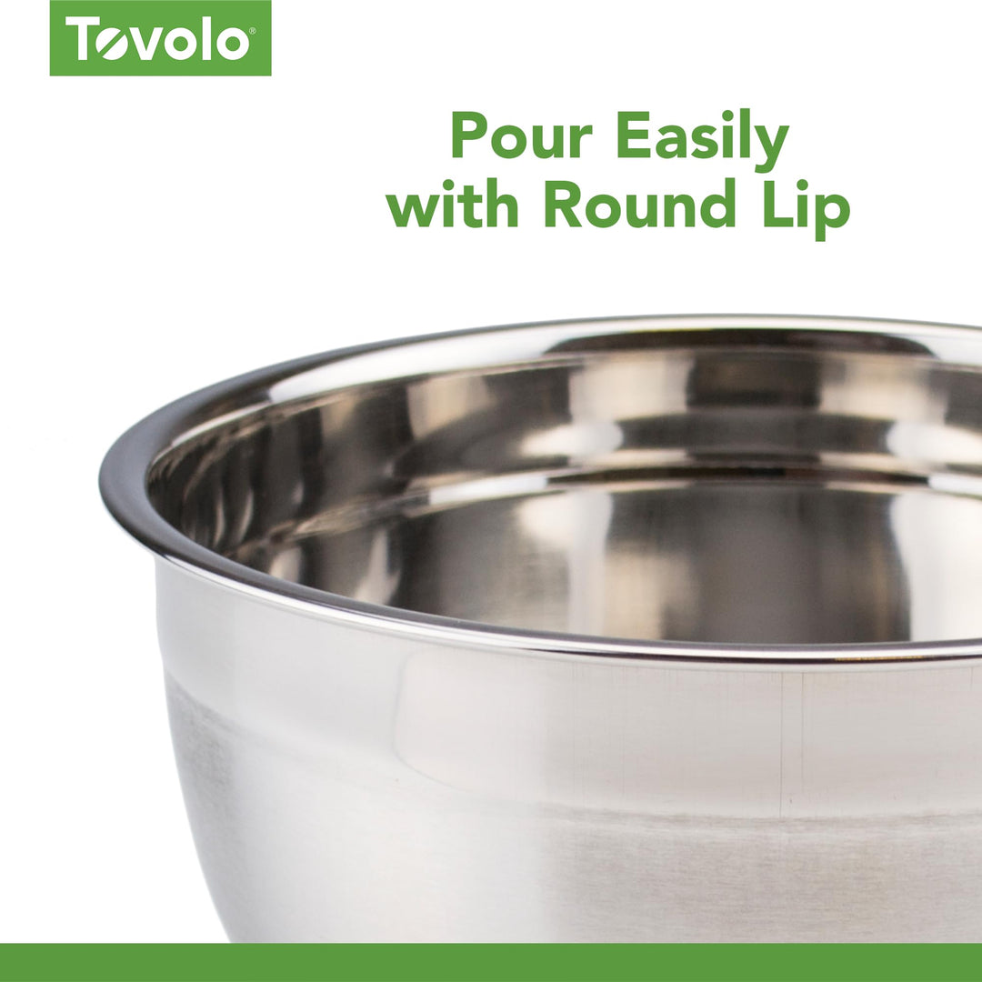 Stainless Steel Mixing Bowls, 7.5 Qt - Metal Nesting Mixing Bowl with Rounded Lip for Easy Pour & Minimal Mess - Large & Small Dishwasher Safe Kitchen Supplies for Prep & Cooking