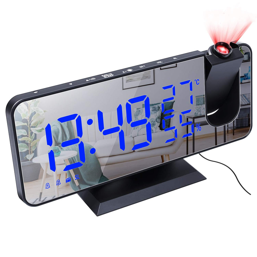 Number-One Projection Digital Alarm Clock for Bedrooms, FM Radio Alarm Clock, 7.5' Dual Alarms with Snooze, USB Charging Port, Temperature & Humidity Display, 180° Rotable, 4 Dimmer, 12/24 Hours