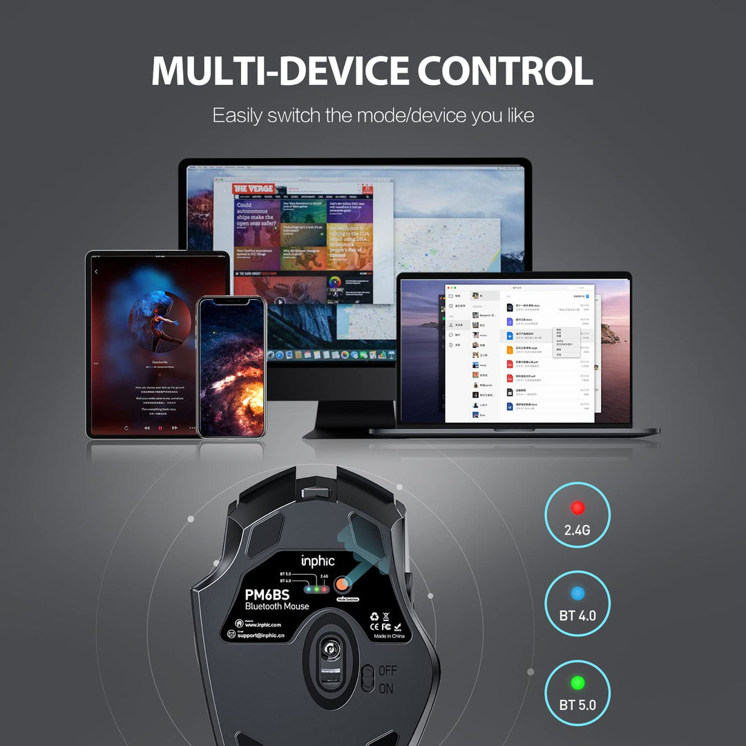 Bluetooth Wireless Mouse, 3 Modes Bluetooth 5.0&4.0 Mouse 2.4G Rechargeable Mouse with 6 Button, Upgraded Battery Level Visible Ergonomic Computer Mouse for Laptop, Mac, PC etc.