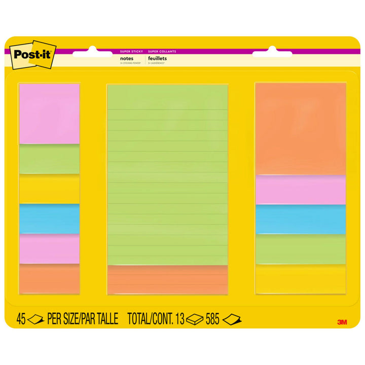 Super Sticky Notes, Assorted Sizes, Energy Boost, Lined & Unlined, 45 Sheets/Pad, 13 Pads/Pack (4623-13SSAU)