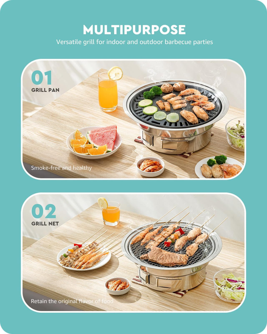 BBQ Charcoal Grill, 13.7 inch Non-stick Stainless Steel Korean Barbecue Grill, Portable Charcoal Stove for Outdoors Camping Picnic and Indoor Party Cooking