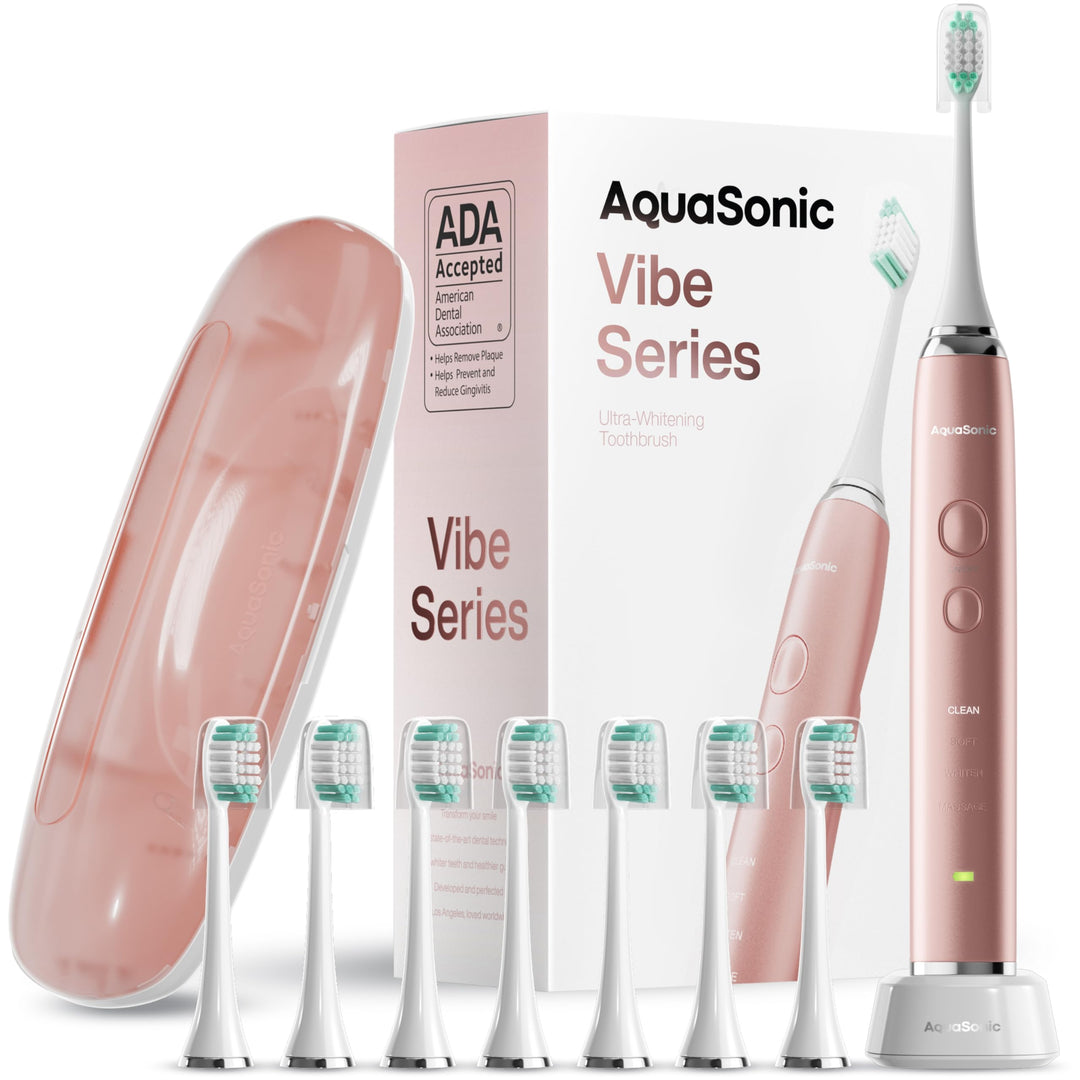 Vibe Series Ultra-Whitening Toothbrush – ADA Accepted Electric Toothbrush - 8 Brush Heads & Travel Case – 40,000 VPM Motor & Wireless Charging - 4 Modes w Smart Timer – Satin Rose Gold